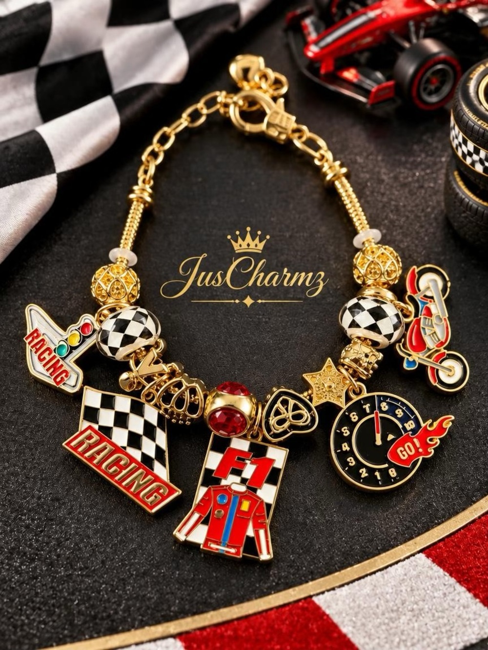 Gold Racing Charm Bracelet with Red and Black Enamel Accents